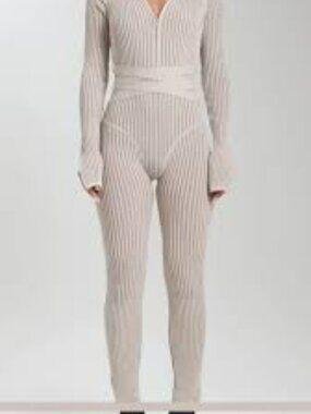 Maniere de Voir Women's Knitted Two Tone Jumpsuit Long Sleeve With Belt S
